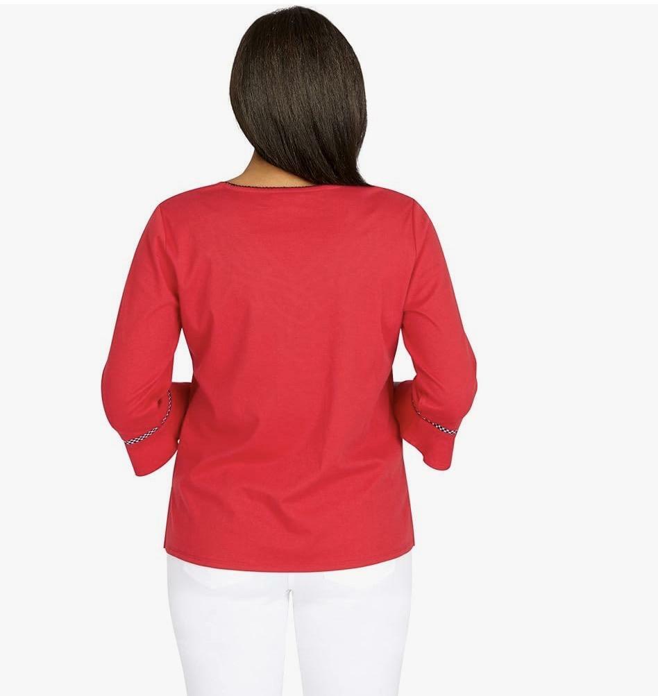 Alfred Dunner Checking In Red Top Cotton Polyester With Bell Sleeve (as1, alpha, s, regular, regular, Standard, Red)