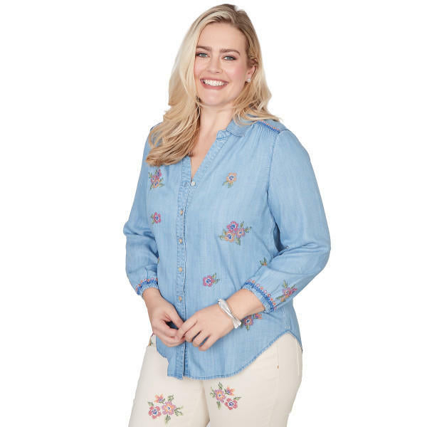 Alfred Dunner Women's Floral Embroidered Button Front Top, Size XL, Light Blue