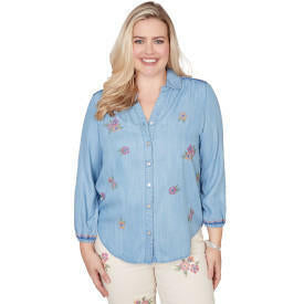 Alfred Dunner Women's Floral Embroidered Button Front Top, Size XL, Light Blue