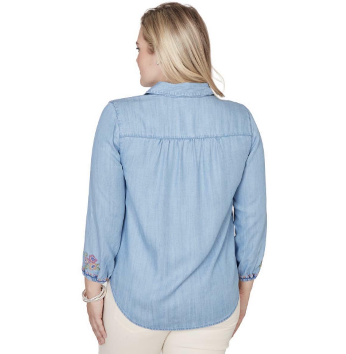 Alfred Dunner Women's Floral Embroidered Button Front Top, Size XL, Light Blue